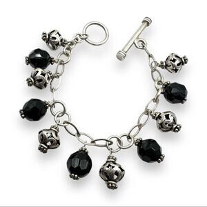 Gothic Revival Sterling Silver Charm Bracelet Black Glass Italy Baroque Vintage